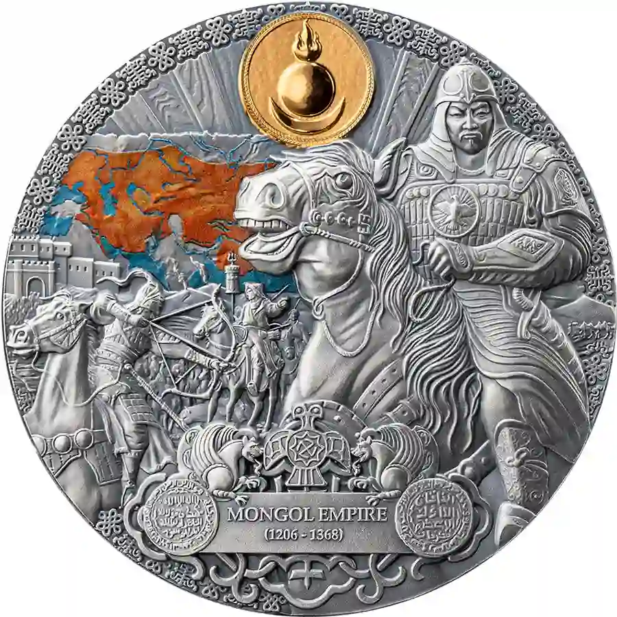 LGE_Mongol-Empire_rev_1000x1000 2024 Cameroon 2 Ounce Mongol Empire 24K Gilded High Relief Silver Coin