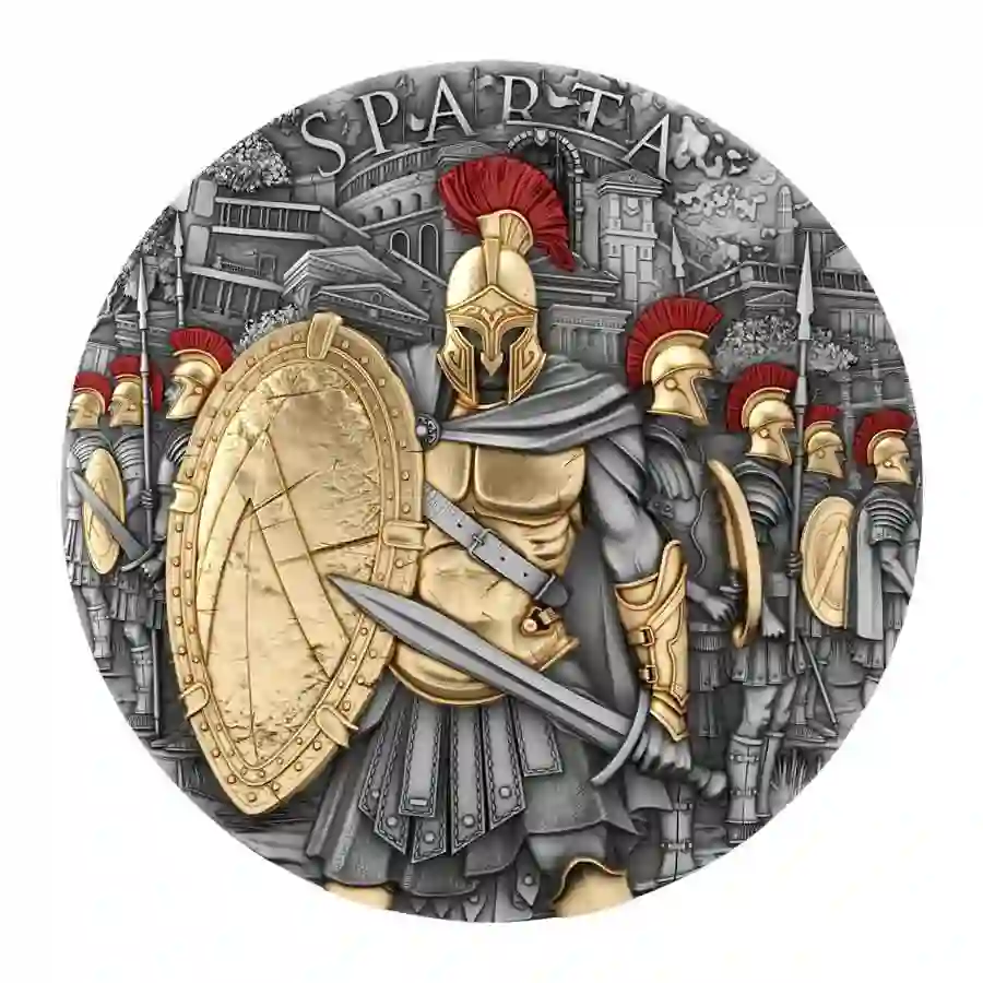 SPARTA_reverse 2023 Niue 2 Ounce Sparta Gilded High Relief Antique Finish Silver Coin
