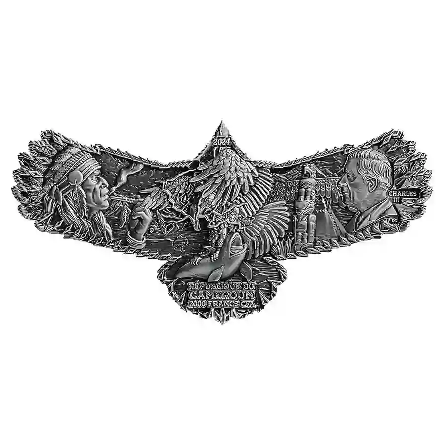 Thunderbird-2-oz-Silver-Coin---2024-Cameroon-2000-Francs-CFA---Obverse 2024 Cameroon 2 oz Thunderbird Shaped Ultra High Relief Silver Coin