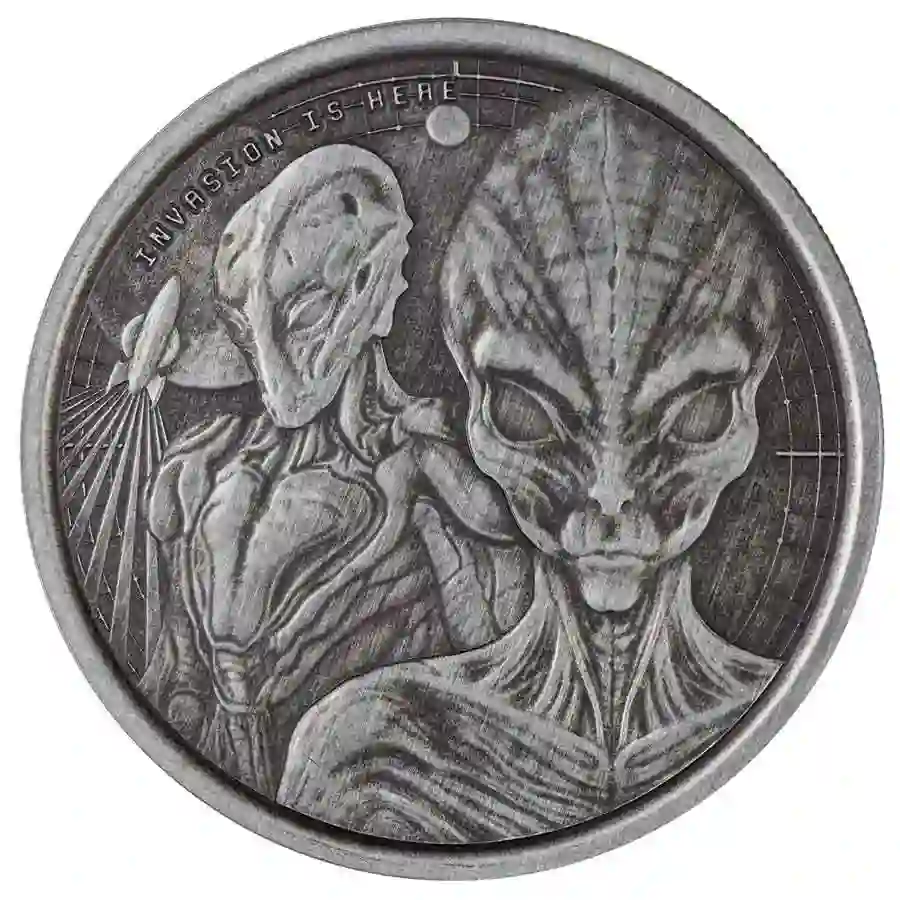 2023-Scottsdale-Mint-Ghana-Alien-Invasion-is-Here-One-Troy-Ounce-999-Fine-Silver-Antique-Coin-04 2023 Ghana 1 Ounce Alien Invasion Antique Silver Coin