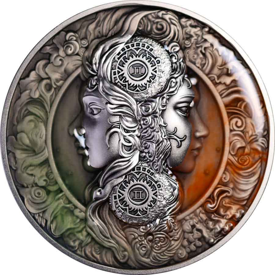 Obverse-Gemini-Niue 2024 Niue 5 Ounce Gemini UV Color High Relief Antique Finish Silver Coin