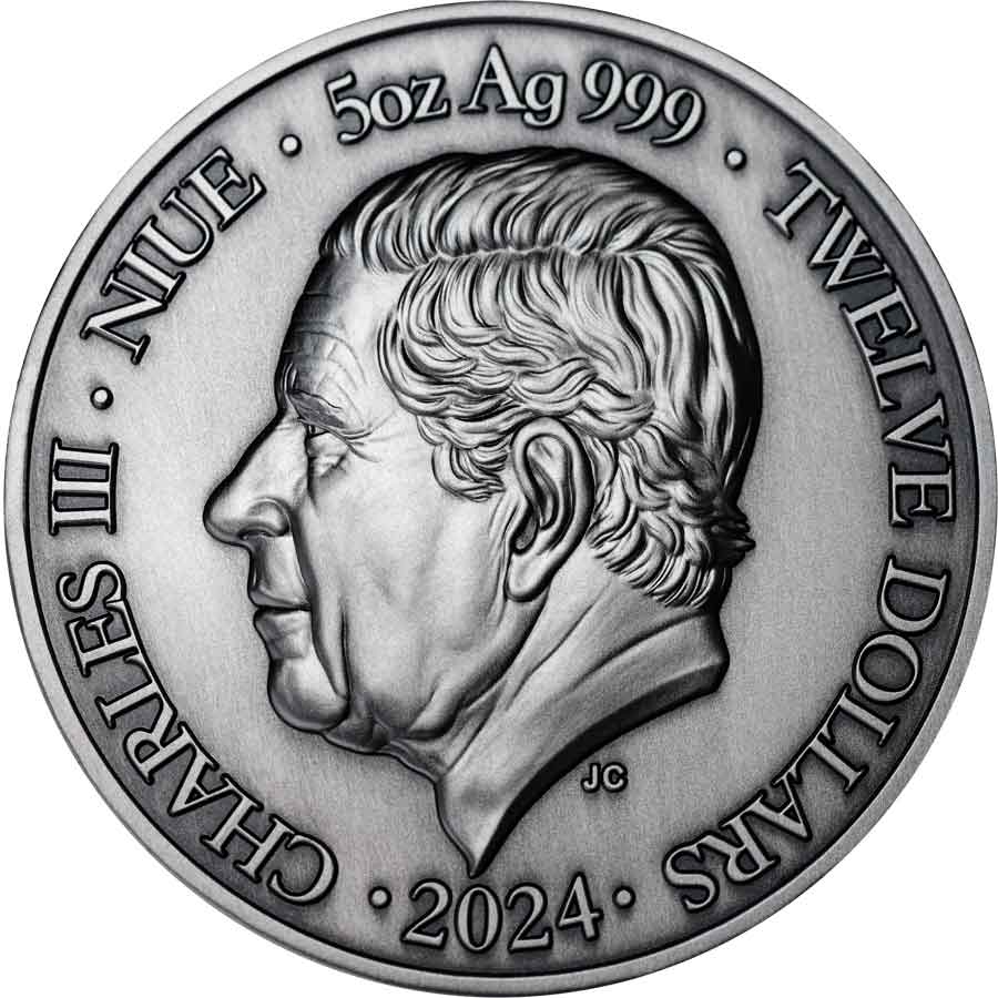 Reverse-Taurus-Niue 2024 Niue 5 oz Gemini UV Color High Relief Antique Finish Silver Coin