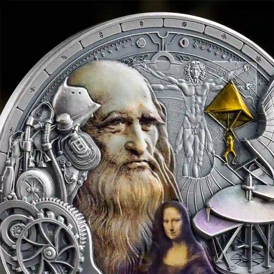 FP_Leonardo-Da-Vinci_fragm1_1000x1000 2024 Cameroon Leonardo Da Vinci Colored Antiqued Silver Coin