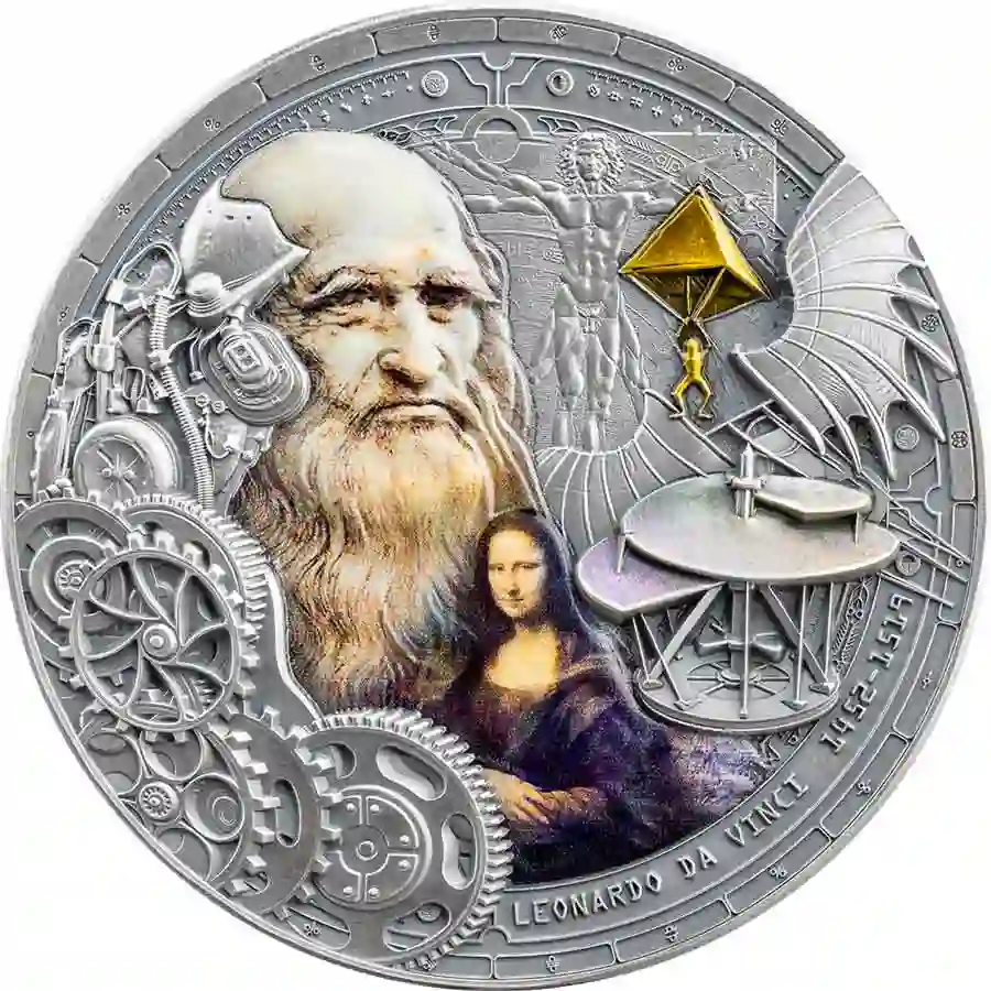 FP_Leonardo-Da-Vinci_rev_1000x1000 2024 Cameroon 2 Ounce Leonardo Da Vinci Colored Antiqued Silver Coin