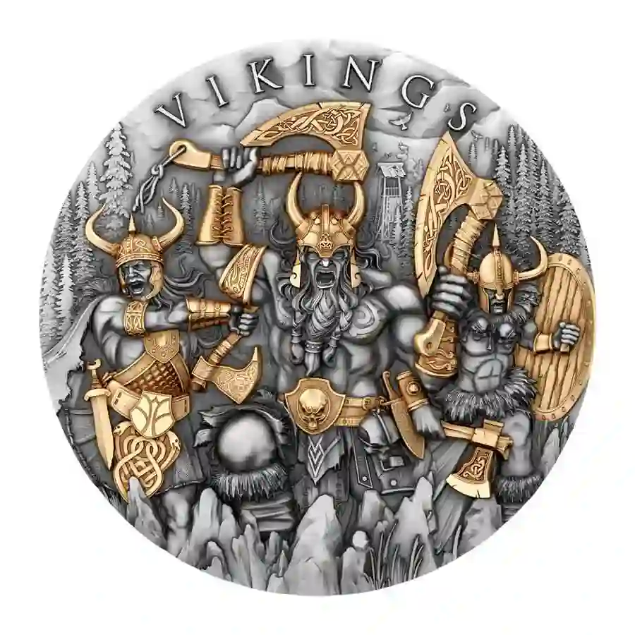 Vikings_01 2024 Niue 2 Ounce Vikings High Relief 24K Gilded Antique Finish Silver Coin