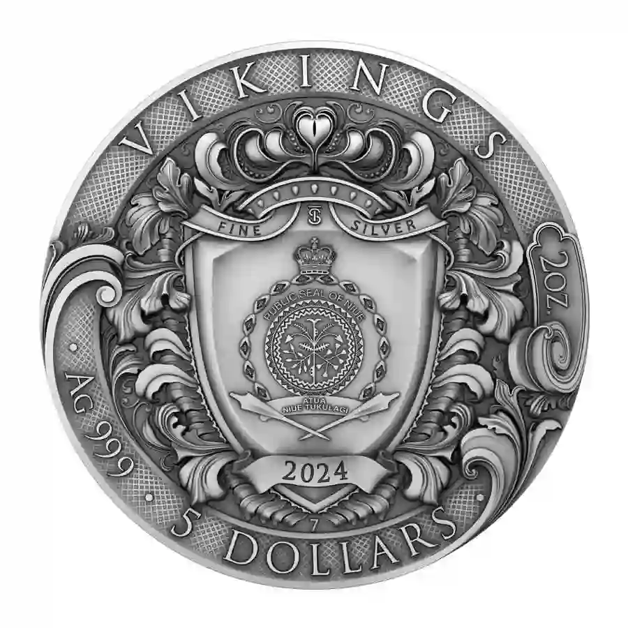 Vikings_02 2024 Niue 2 oz Vikings High Relief 24K Gilded Antique Finish Silver Coin