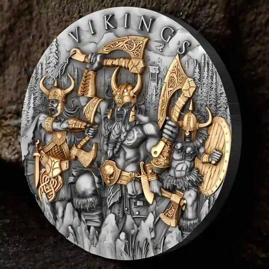 Vikings_04 2024 Vikings High Relief 24K Gilded Antique Finish Silver Coin
