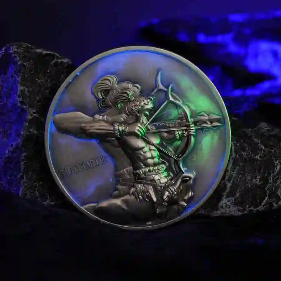 mood Niue Sagittarius UV Color High Relief Antique Finish Silver Coin