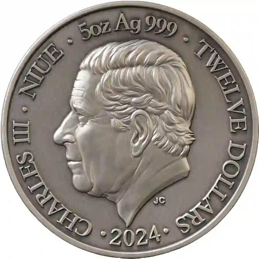 obverse 2024 Niue 5 oz Sagittarius UV Color High Relief Antique Finish Silver Coin