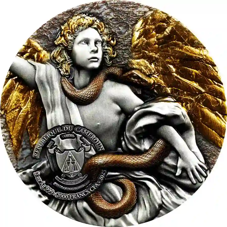 obv 2025 Cameroon 2 oz Archangel Raphael High Relief Antiqued Silver Coin