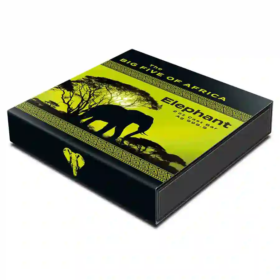 box 2 Ounce African Big 5 Elephant Color Antiqued Silver Cast Bar