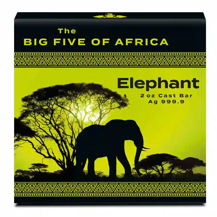 cover African Big 5 Elephant Colored Cast Silver Bar