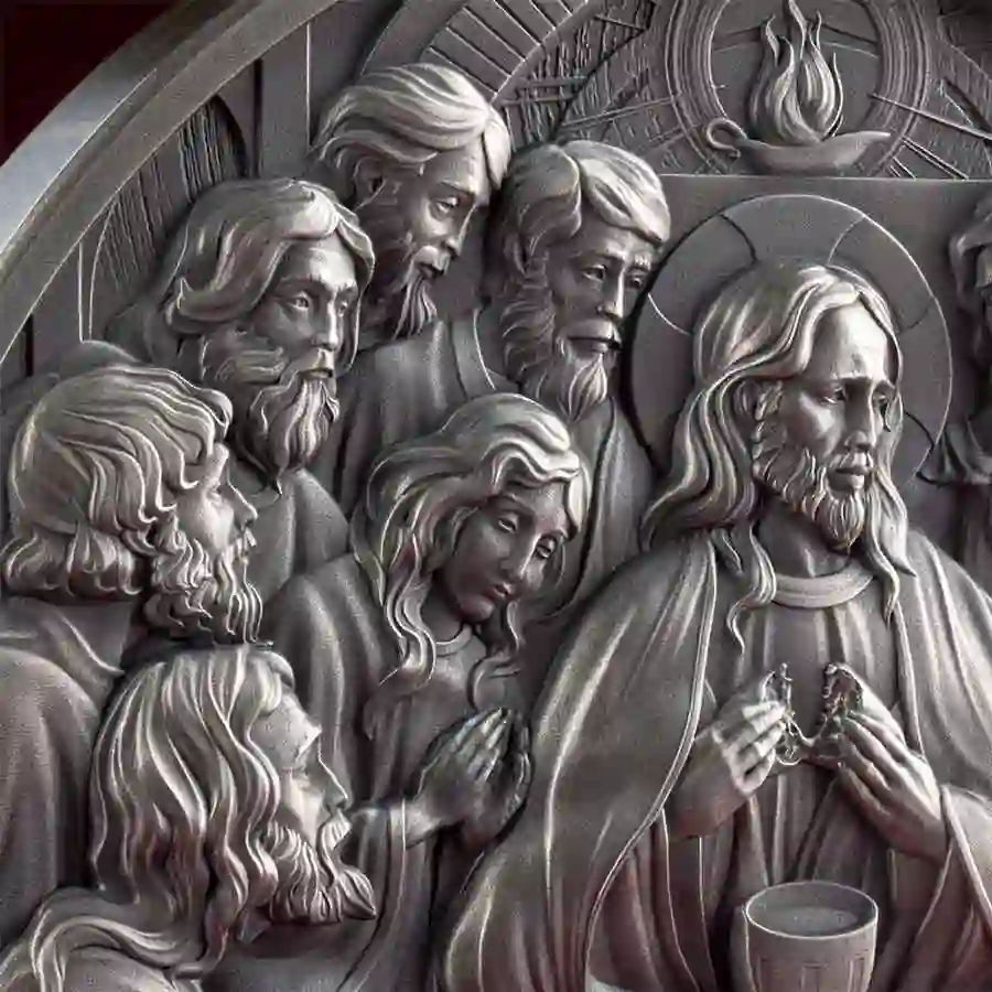 detail 2025 Cameroon Last Supper 5 ounce High Relief Antique Finish Silver Coin