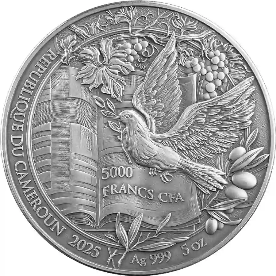 obv 2025 Cameroon 5 oz Last Supper High Relief Antique Finish Silver Coin