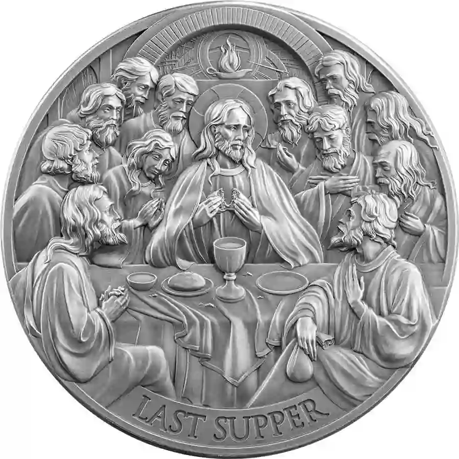rev 2025 Cameroon 5 Ounce Last Supper High Relief Antique Finish Silver Coin