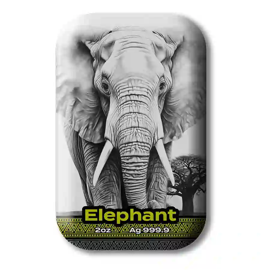 rev Royal Krakow Mint 2 Ounce Africa Big 5 Elephant Color Antiqued Silver Cast Bar