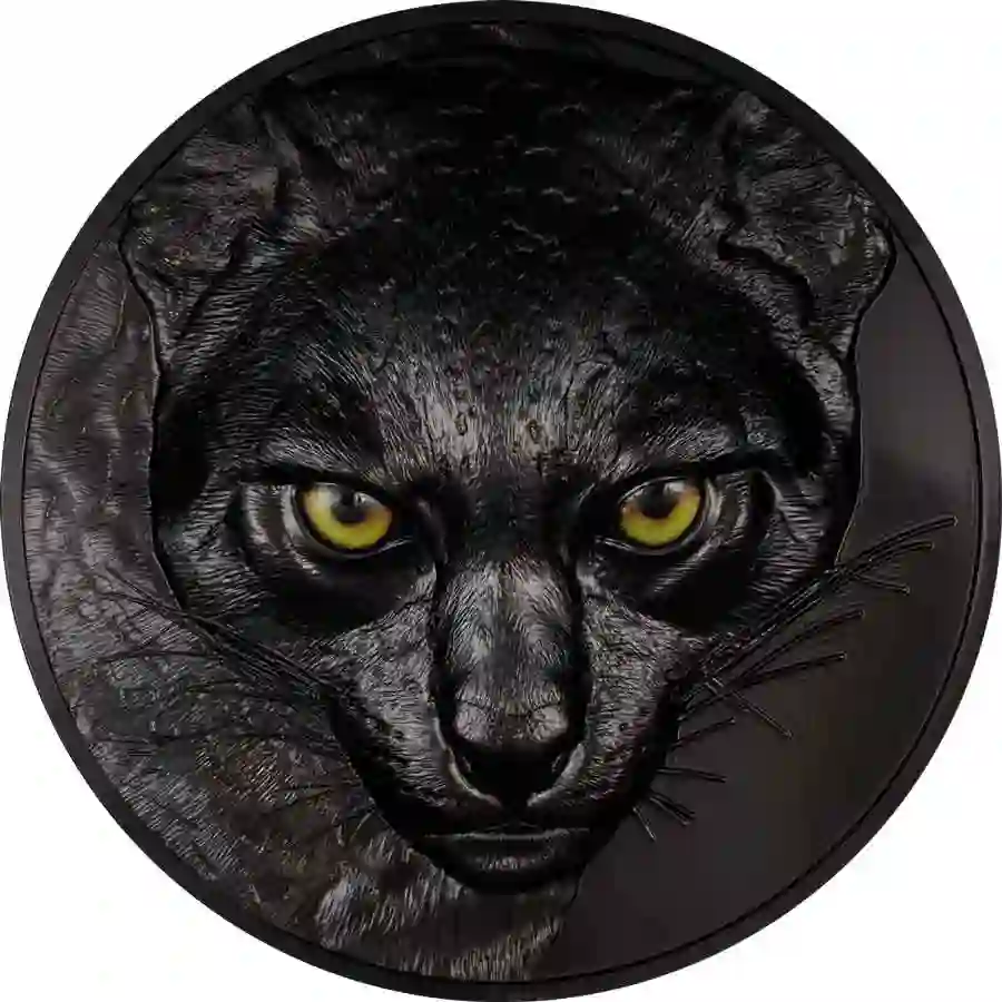 ocelot-rev 2025 Palau 1 Kilogram Hunters by Night Ocelot Obsidian Black Silver Coin
