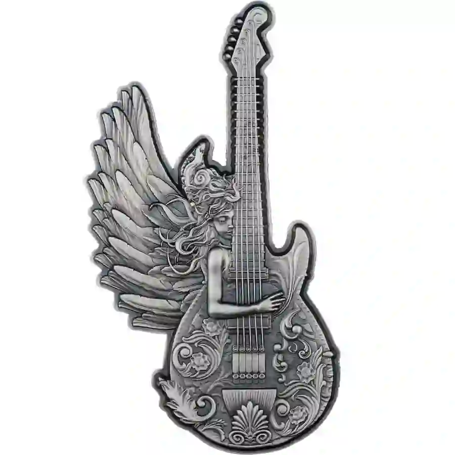 rev 2025 Cameroon 2 Ounce Guitar of Angel Antique Finish Silver Coin