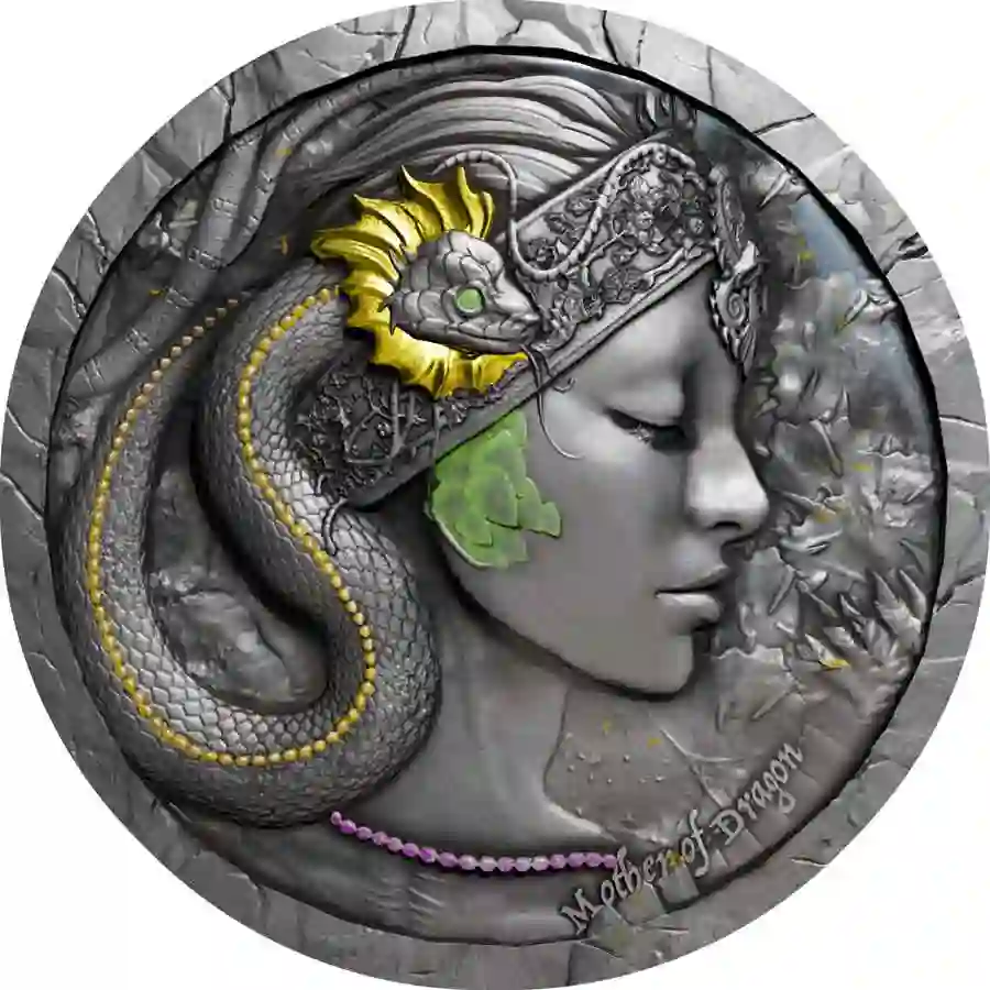 mod-rev 2025 Cameroon 2 Ounce Mother of Dragon UV Color High Relief Silver Coin