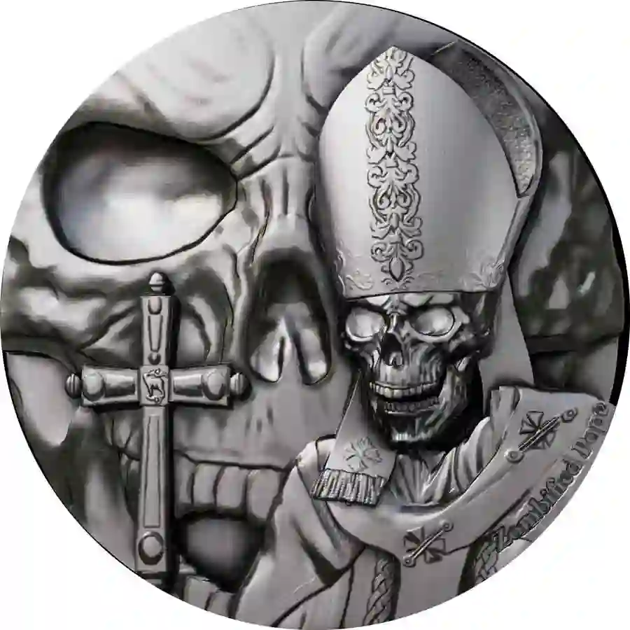 rev 2025 Cameroon 2 Ounce Zombified Pope UV Color Antique Finish Silver Coin