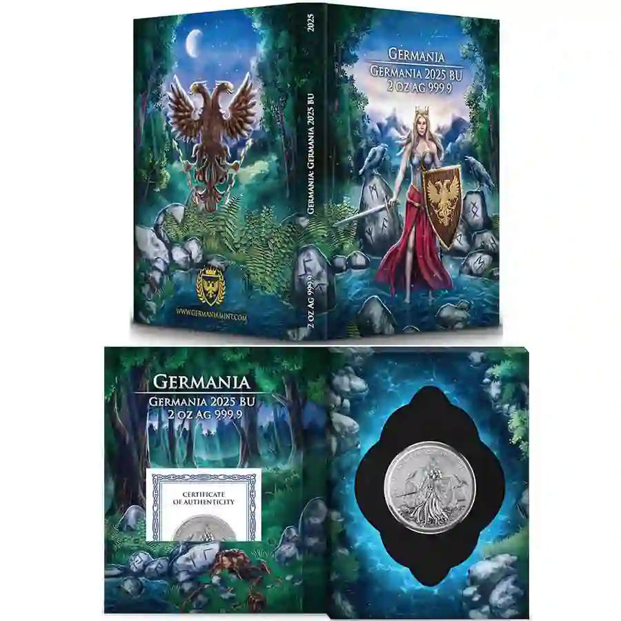 2-oz-bu-book 2025 Lady Germania 2 oz 10 Mark BU Silver Round