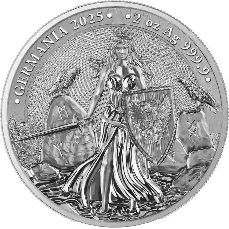 2-oz-bu-rev 2025 Germania 2 Ounce Lady Germania 10 Mark BU Silver Round