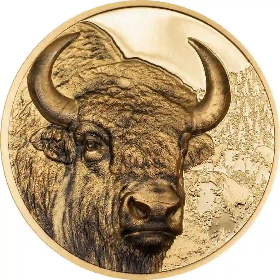 bison-gold-rev 2025 Mongolia 1 Ounce Bison Colored Ultra High Relief Gold Proof Coin