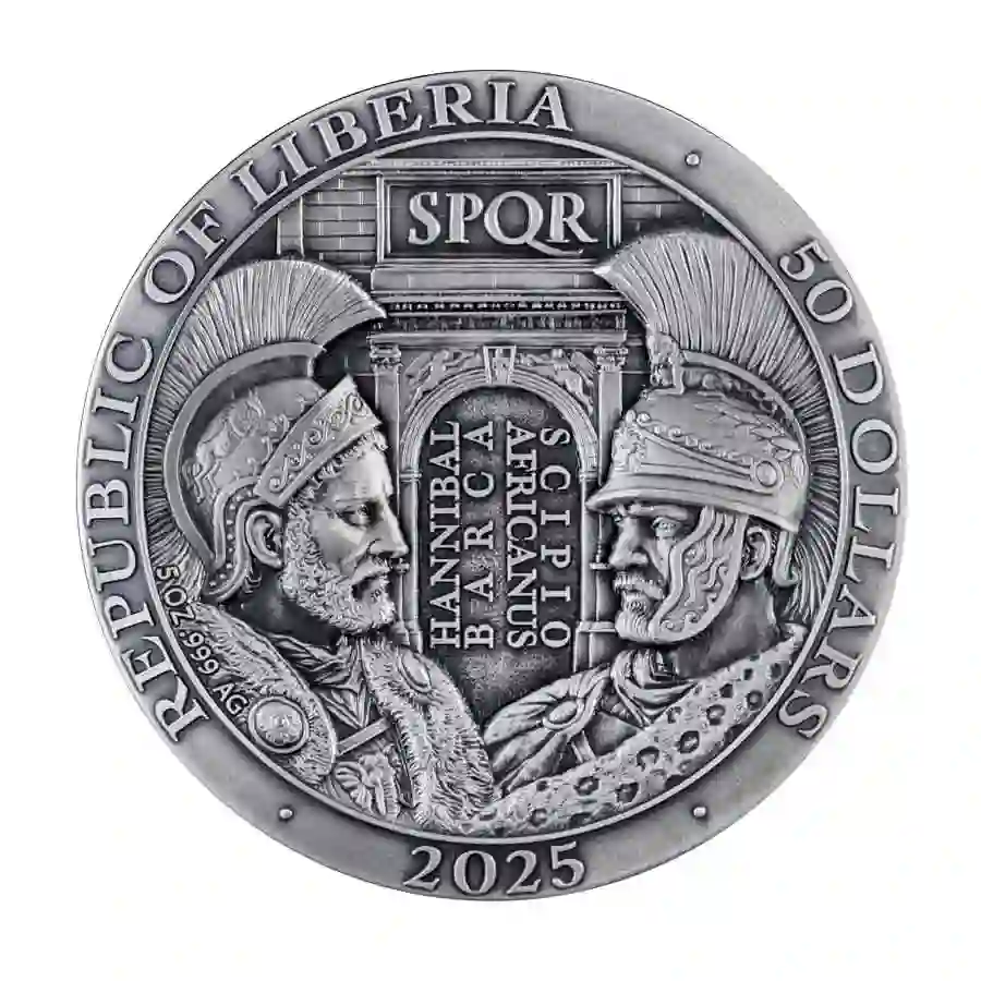 obv 2025 Liberia 5 oz Battle of Zama High Relief Antique Finish Silver Coin