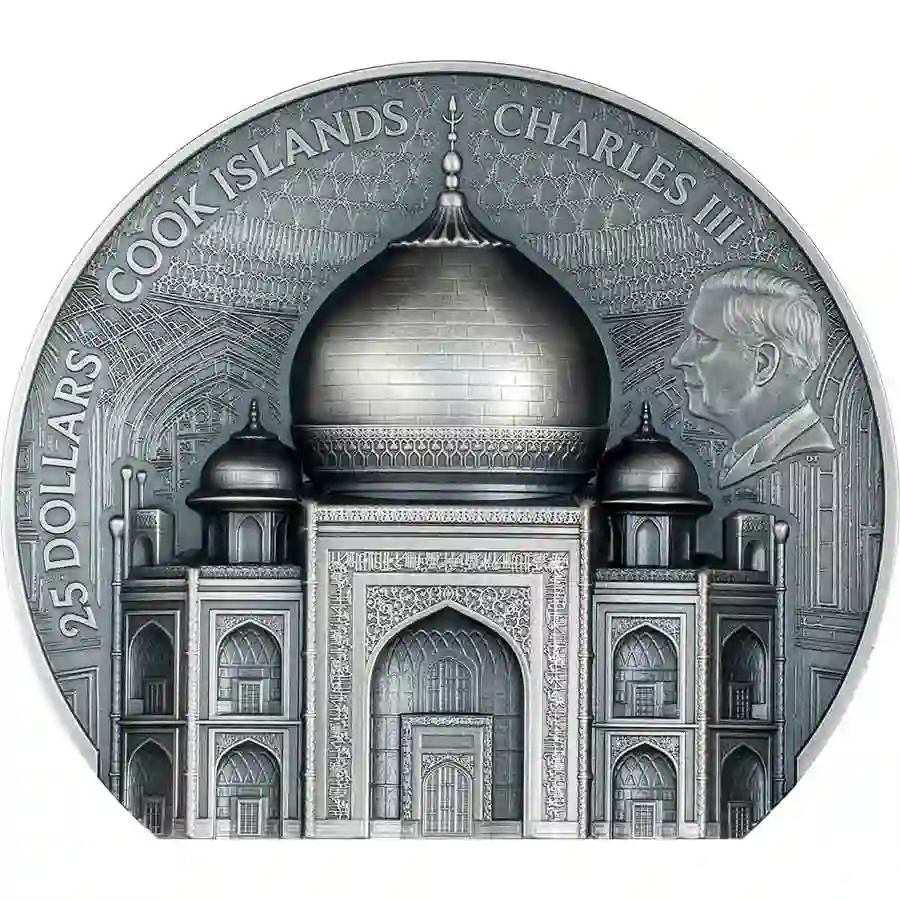 taj-5-oz-obv 2025 Cook Islands 5 oz Taj Mahal Ultra High Relief Antiqued Silver Coin