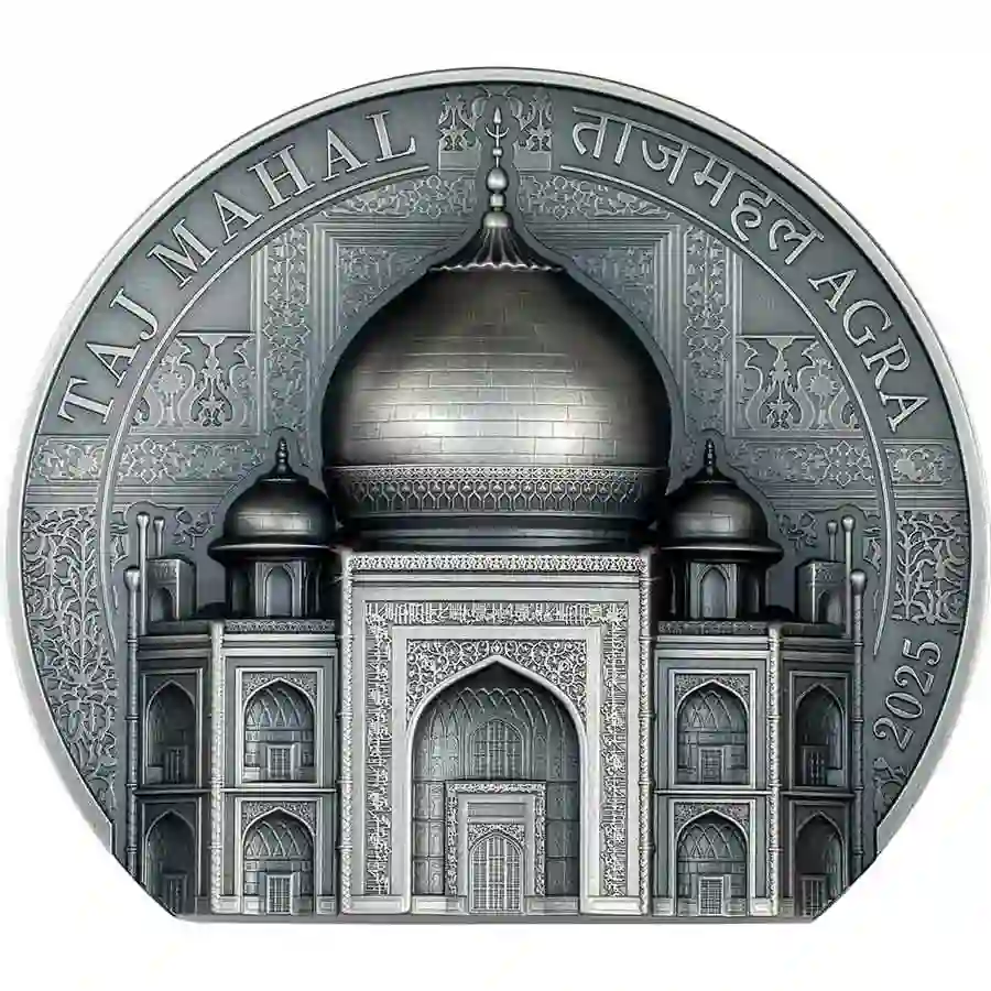 taj-5-oz-rev 2025 Cook Islands 5 Ounce Taj Mahal Ultra High Relief Antiqued Silver Coin
