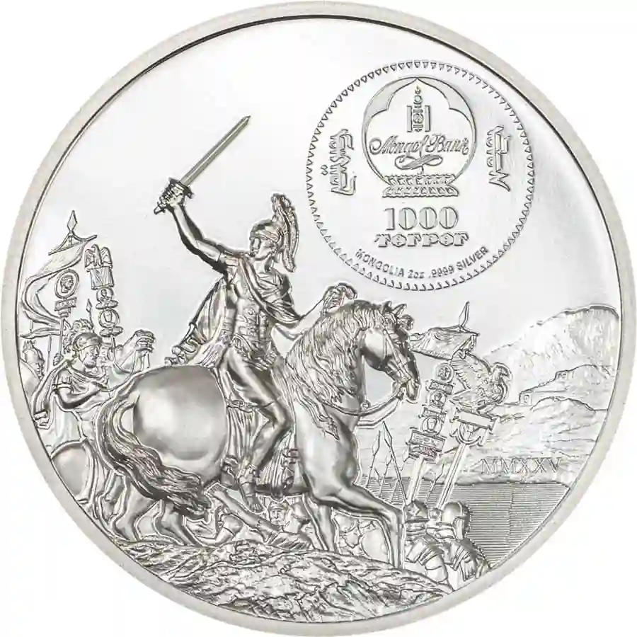 30906_Enemies-in-History---Caesar-&-Brutus_o 2025 Mongolia Enemies in History - Caesar vs. Brutus Colored Silver Proof Coin