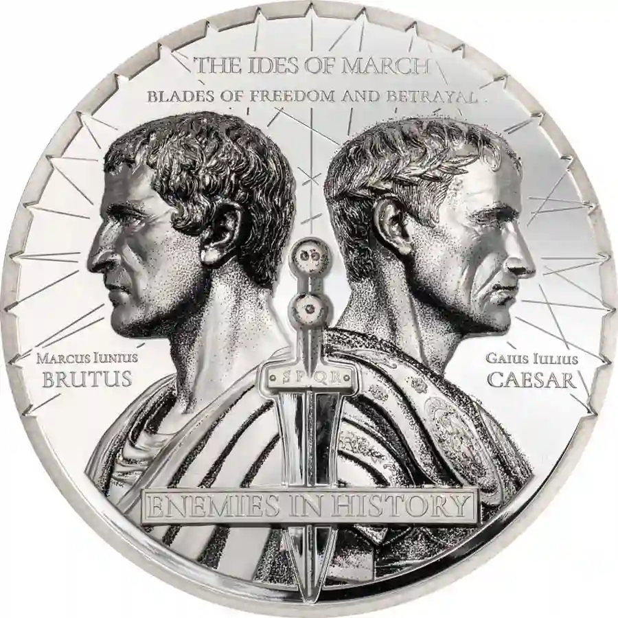 30906_Enemies-in-History---Caesar-&-Brutus_r 2025 Mongolia 2 Ounce Caesar vs. Brutus Colored Silver Proof Coin