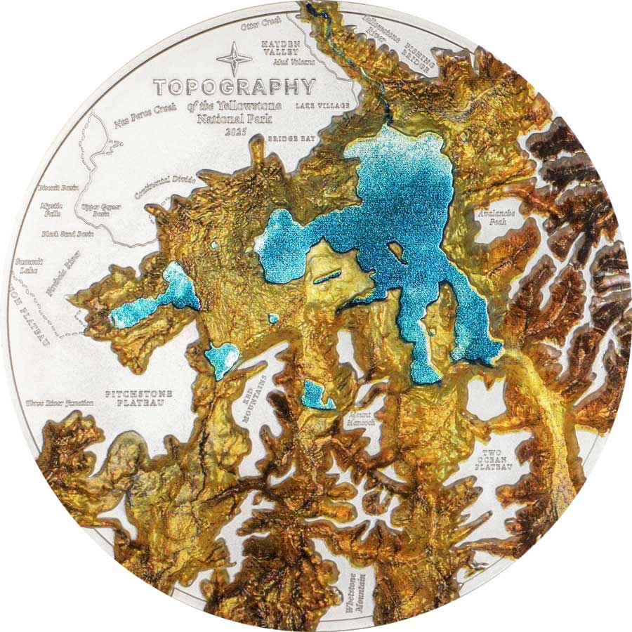 31037_Topography-Yellowstone_r 2025 Cook Islands 5 Ounce Topography Yellowstone Ultra High Relief Silver Coin