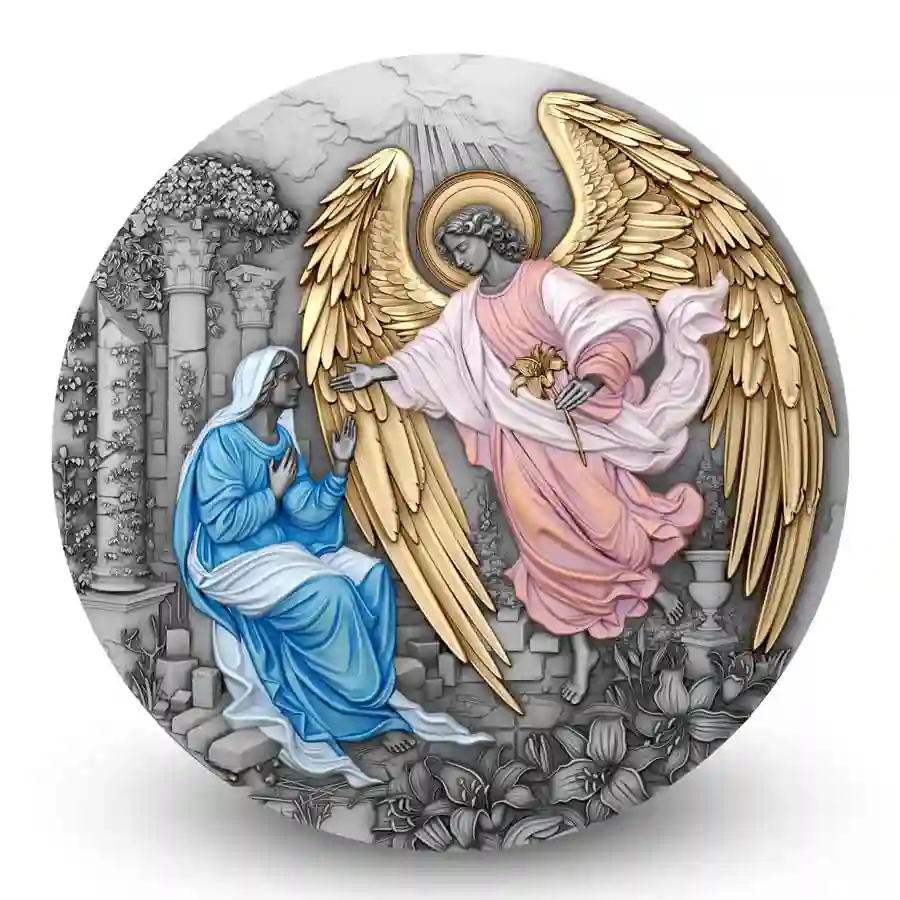 rev 2025 Niue 2 Ounce Archangel Gabriel UV Colored 24K Gilded Silver Coin