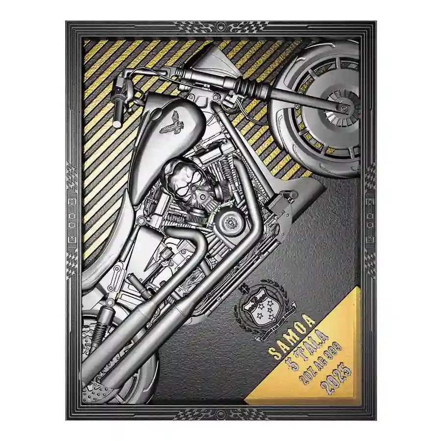obv 2025 Samoa 2 oz Motorbike Journey 24K Gilded Antiqued Silver Coin