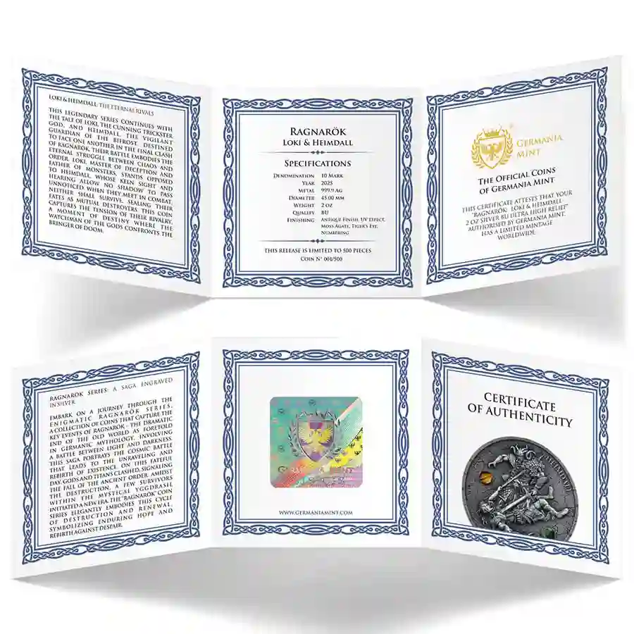 hr-cert 2025 Germania Ragnarok Loki & Heimdall Ultra High Relief Silver Coin