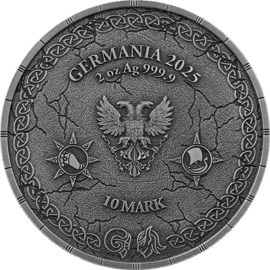 hr-obv 2025 Germania 2 oz Ragnarok Loki & Heimdall Ultra High Relief Silver Coin