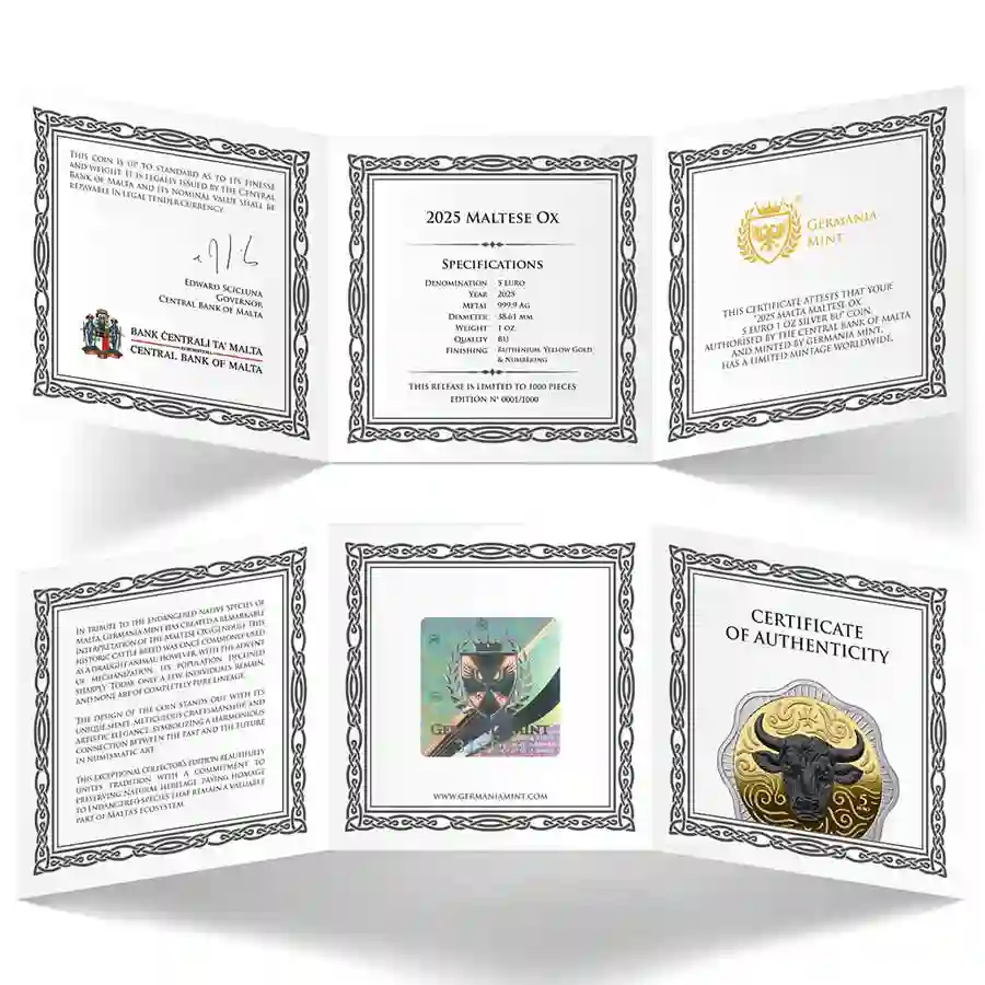 1-oz-BU-cert Coming soon to Art in Coins, the stunning 2025 Maltese Ox 24K & Black Ruthenium BU Silver Coin