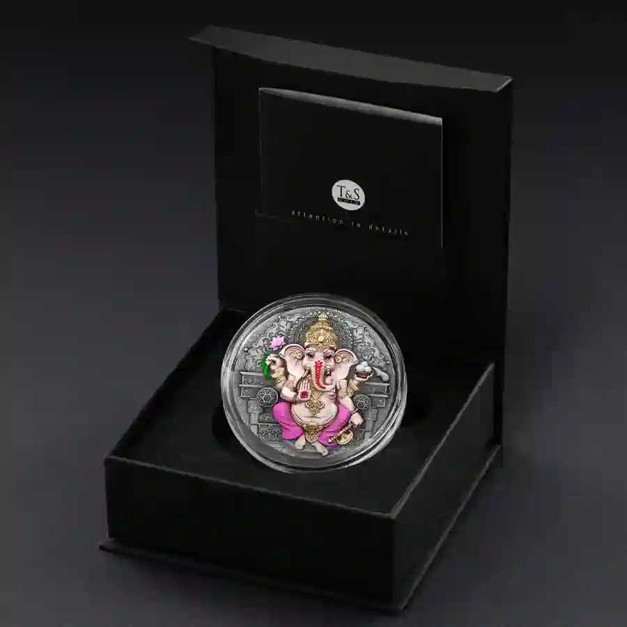 2-oz-box 2025 Niue Ganesha High Relief Color Antique Finish Silver Coin