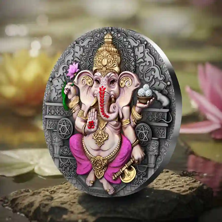 2-oz-mood Ganesha High Relief Color Antique Finish Silver Coin