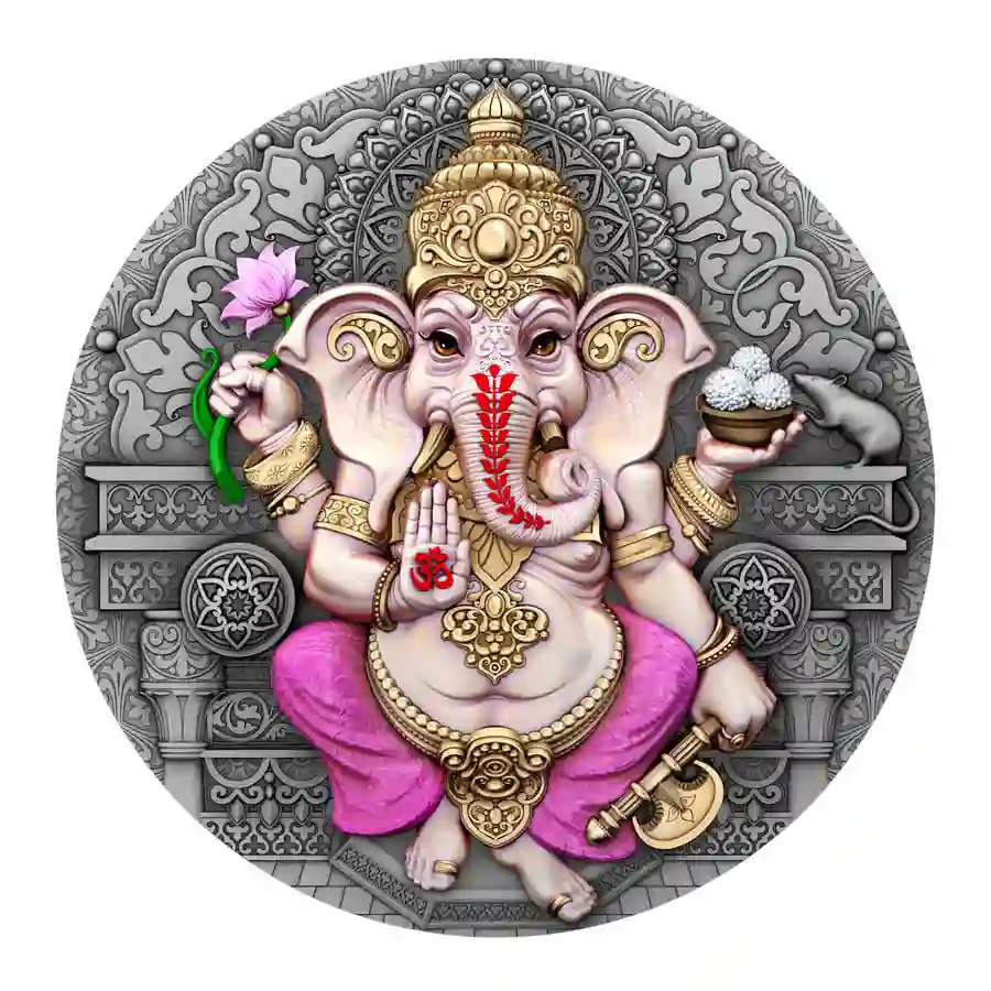 2-oz-rev 2025 Niue 2 Ounce Ganesha High Relief Color Antique Finish Silver Coin