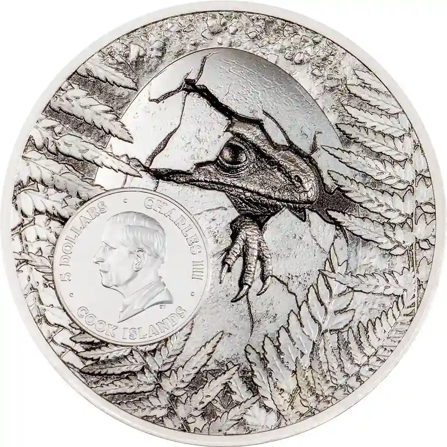 carcharodontosaurus-obv 2026 Cook Islands Carcharodontosaurus Color UHR Silver Coin
