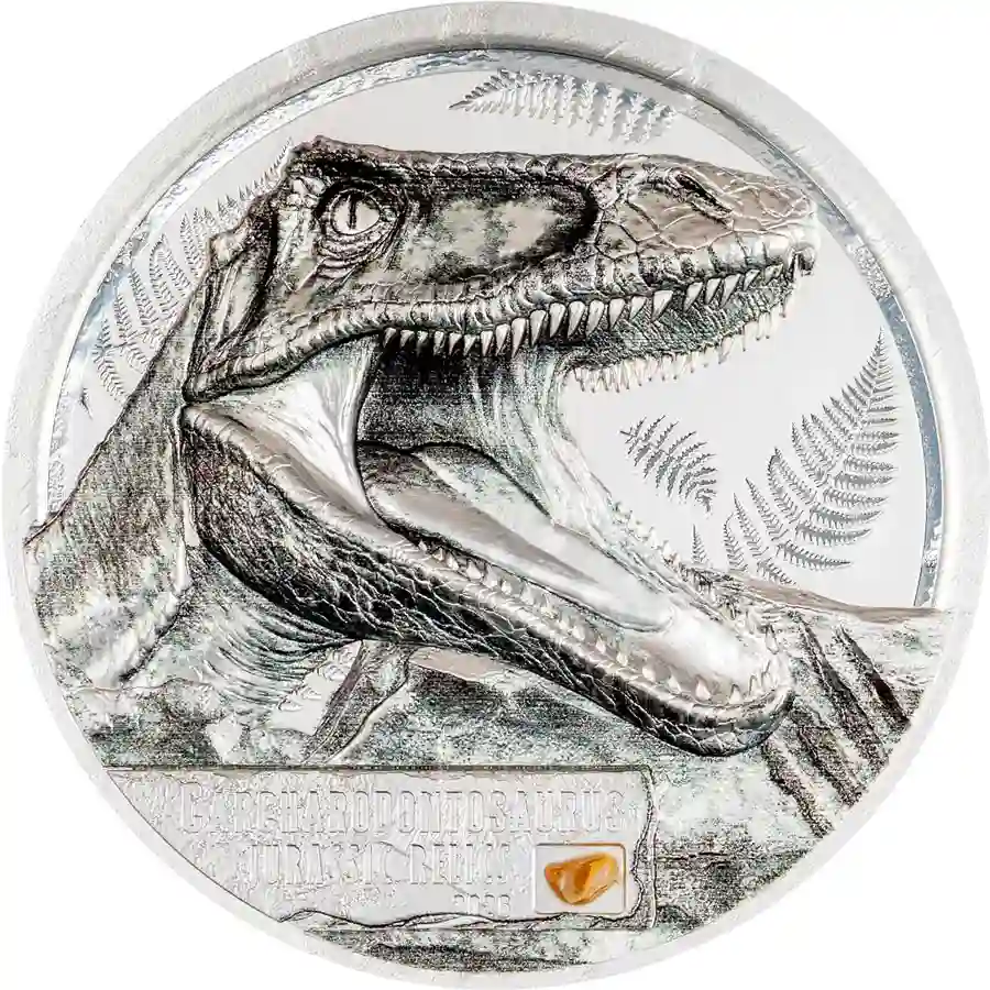 carcharodontosaurus-rev 2026 Cook Islands 1 Ounce Carcharodontosaurus Color UHR Silver Coin