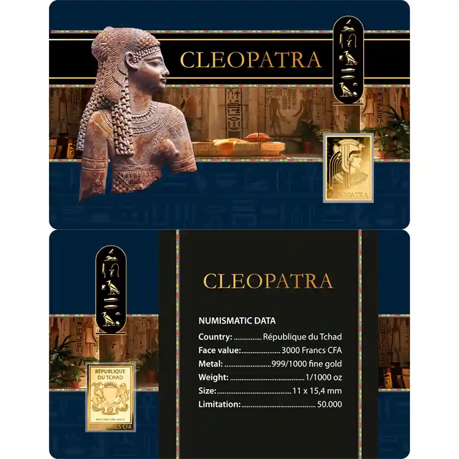 cleopatra-card Republic of Chad 1/1000 Ounce Pharaohs Cleopatra Gold Coincard