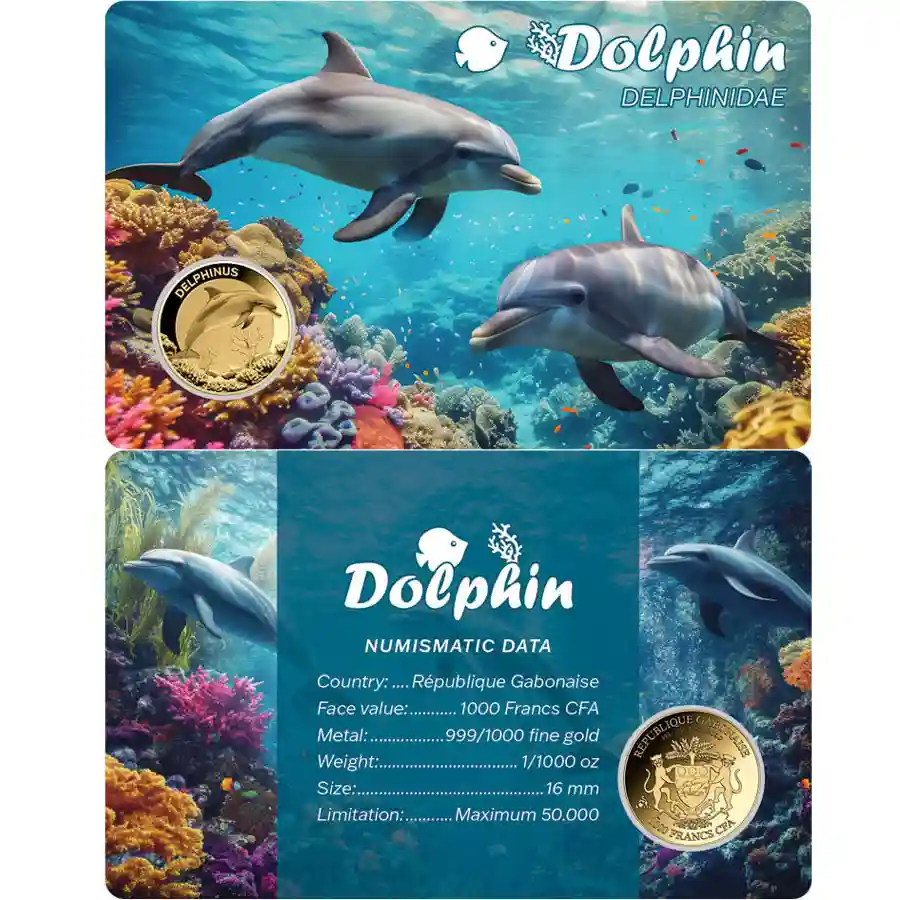 dolphin-card Republic of Gabon 1/1000 Ounce Sea Creatures Dolphin Gold Coincard