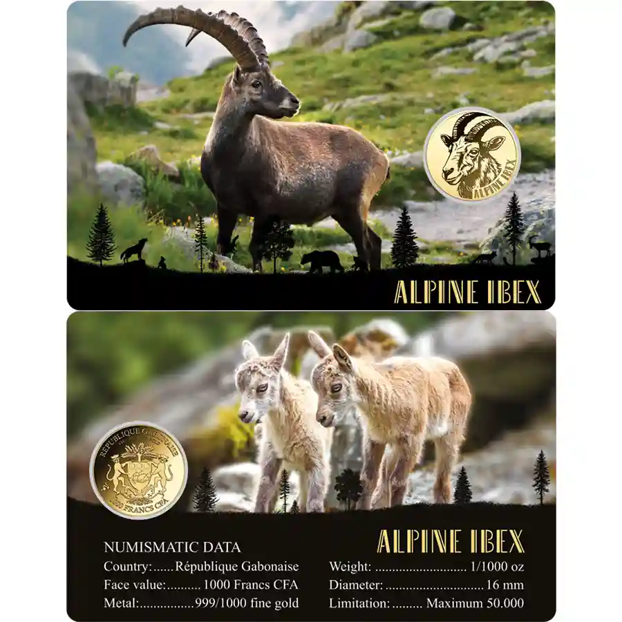 ibex-card Republic of Gabon 1/1000 Ounce Europe Big Five Alpine Ibex Gold Coincard