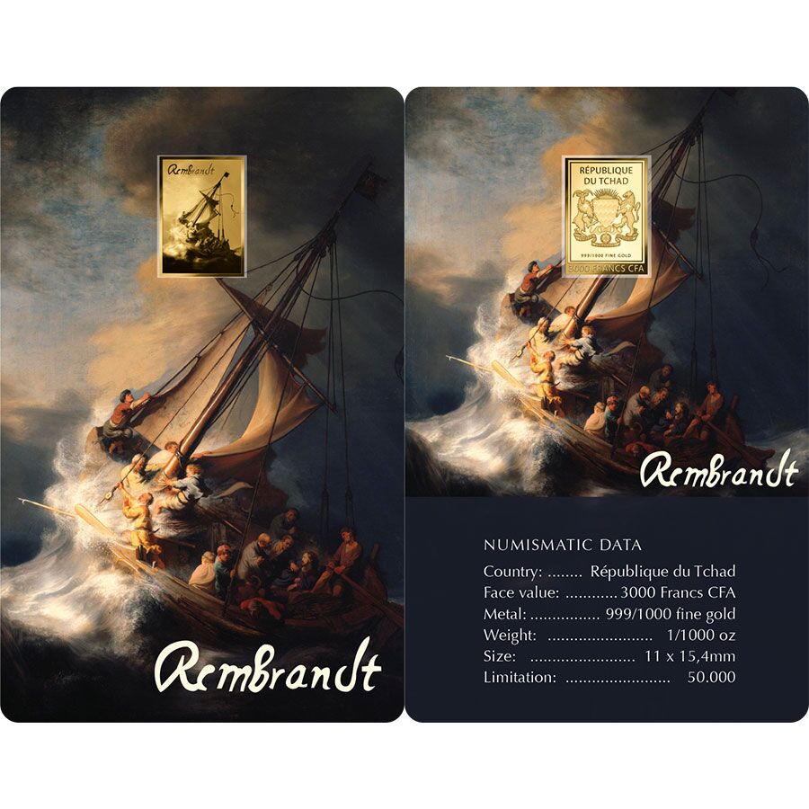 rembrandt-storm-card Republic of Chad 1/1000 Ounce Rembrandt Storm on the Sea of Galilee Gold Coincard