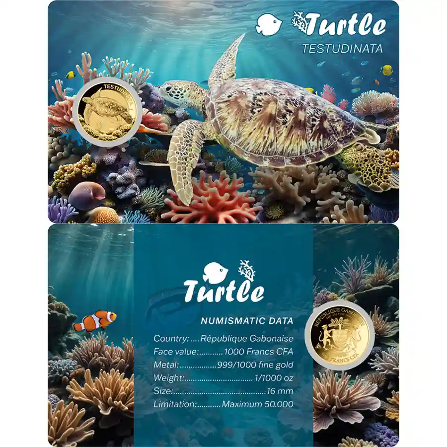 turtle-card Republic of Gabon 1/1000 Ounce Sea Creatures Turtle Gold Coincard