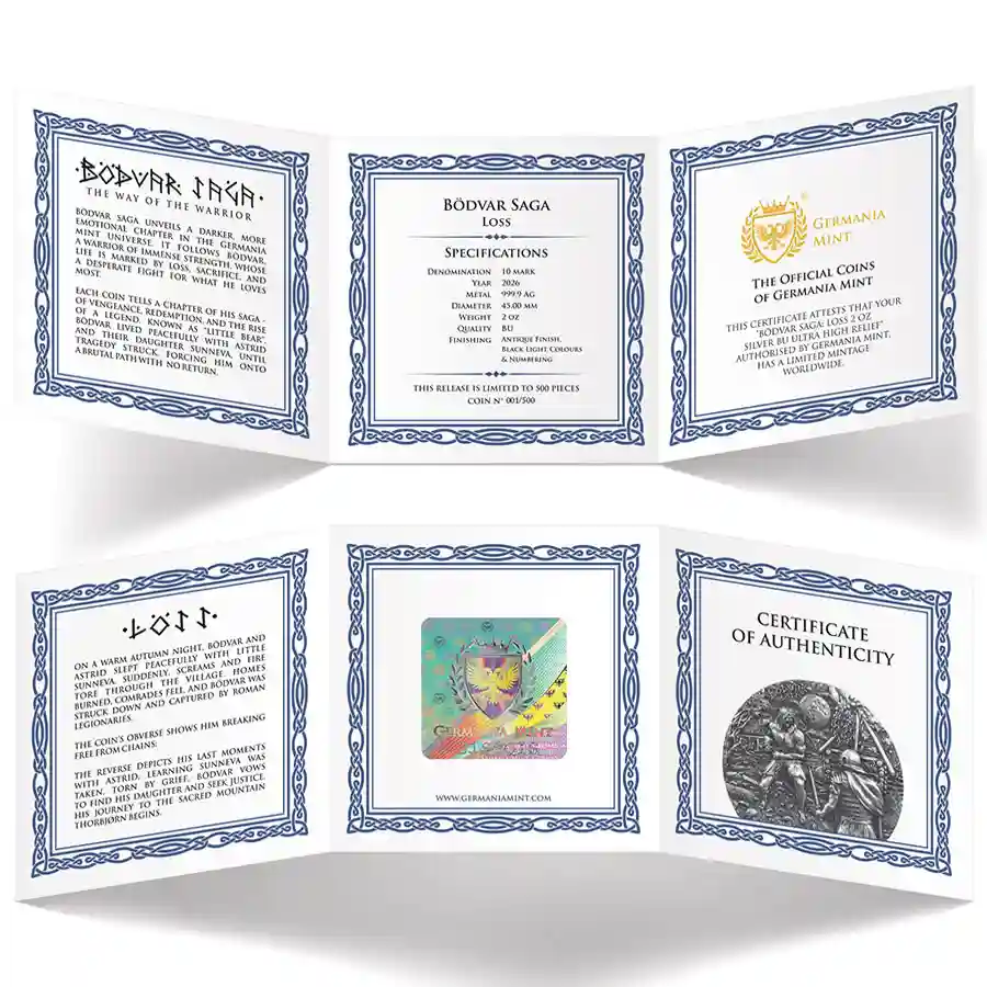 loss-2-oz-UHR-cert 2026 Germania Mint Bodvar Loss Ultra High Relief Antiqued Silver Coin