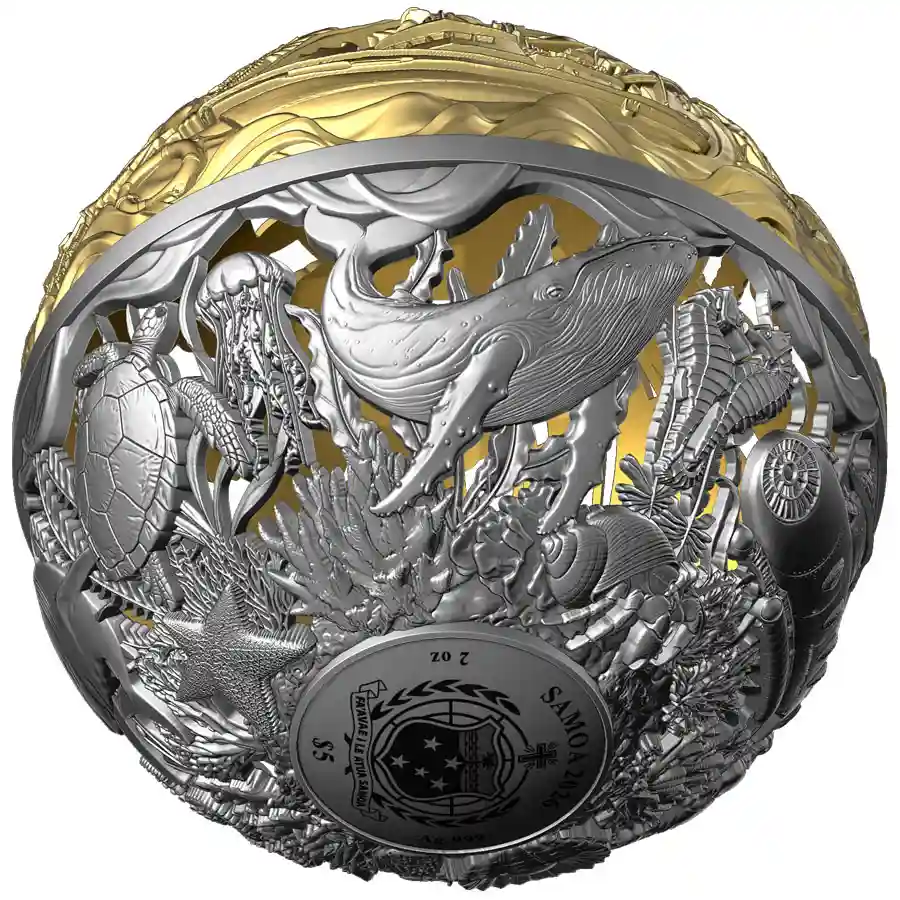 Nautical_sphere8 Coming soon to artincoins.com the 2026 Samoa 2 Ounce Sea and Surface Filigree Silver Coin